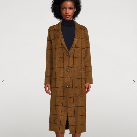 Line Sweaters - Line Brita Long-Sleeve Butterscotch Sweater Coat in Brown & Black Plaid - Size L